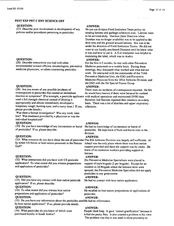   Lead Sheet #15110, Interview with 307th Medical Battalion environmental science officer, February 16, 1998.