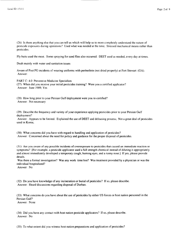 Lead Sheet #15111, Interview with 24th Mechanized Infantry Division preventive medicine specialist, February 16, 1998.