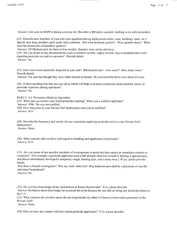   Lead Sheet #15177, Interview with 14th Medical Detachment preventive medicine specialist, February 26, 1998.