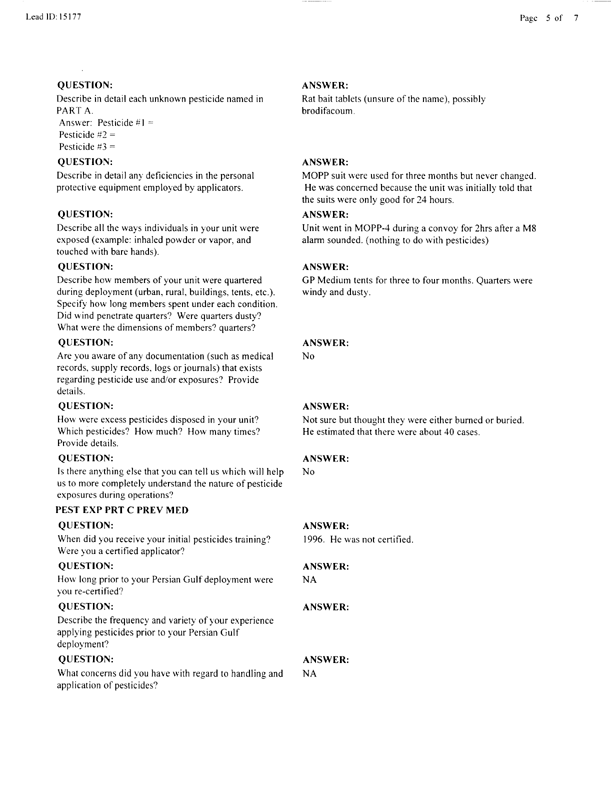   Lead Sheet #15177, Interview with 14th Medical Detachment preventive medicine specialist, February 26, 1998.