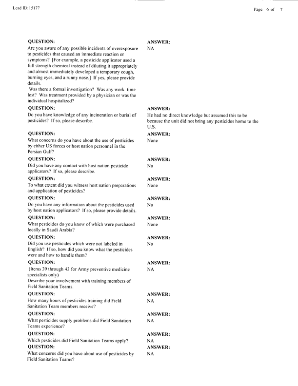   Lead Sheet #15177, Interview with 14th Medical Detachment preventive medicine specialist, February 26, 1998.