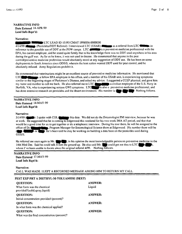   Lead Sheet #15193, Interview with 14th Medical Detachment entomologist, April 14, 1998.