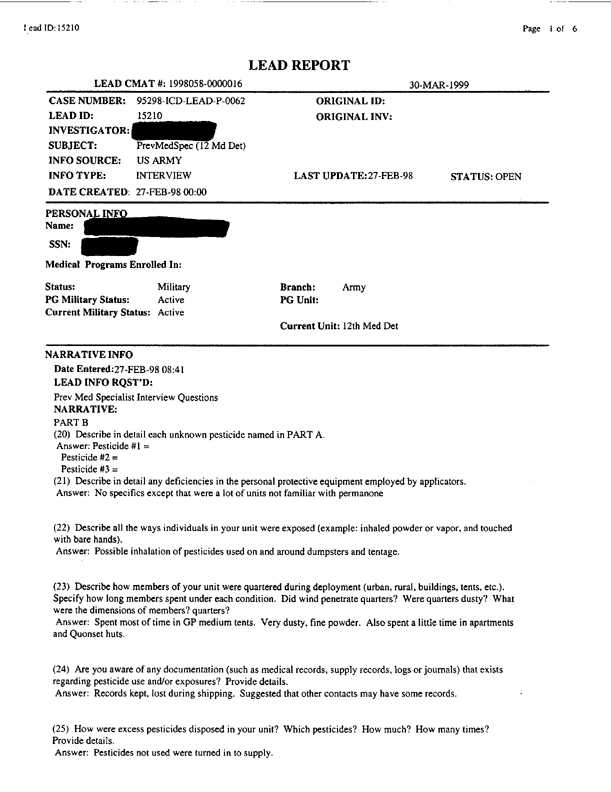   Lead Sheet #15210, Interview with 12th Medical Detachment preventive medicine specialist, February 27, 1998.