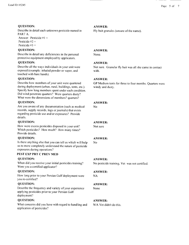   Lead Sheet #15245, Interview with 14th Medical Detachment preventive medicine specialist, March 3, 1998.