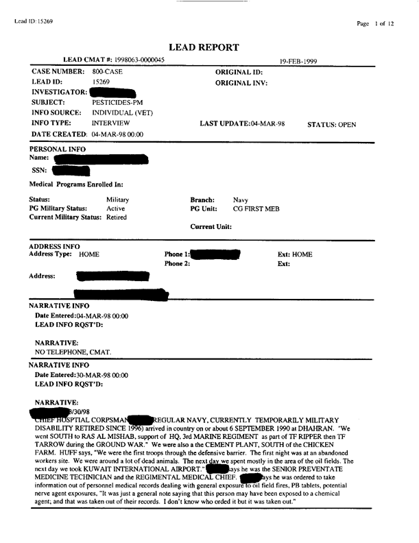   Lead Sheet #15269, Interview with 1st Marine Expeditionary Force preventive medicine technician, March 30, 1998; 