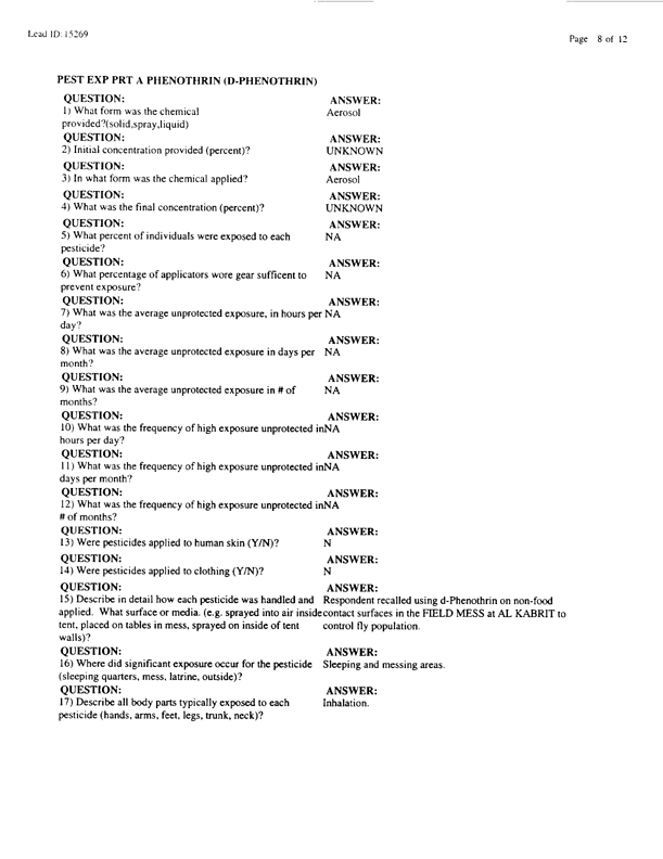   Lead Sheet #15269, Interview with 1st Marine Expeditionary Force preventive medicine technician, March 30, 1998; 