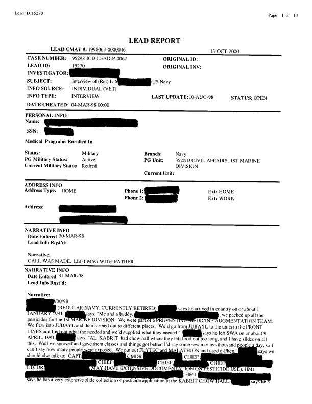   Lead Sheet #15270, Interview with 1st Medical Battalion preventive medicine technician, March 30, 1998.