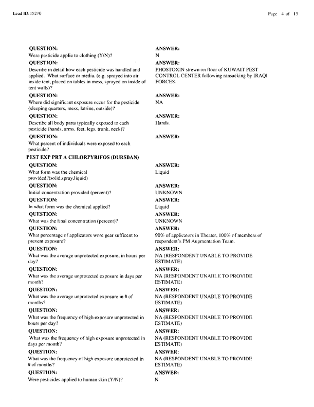   Lead Sheet #15270, Interview with 1st Medical Battalion preventive medicine technician, March 30, 1998.