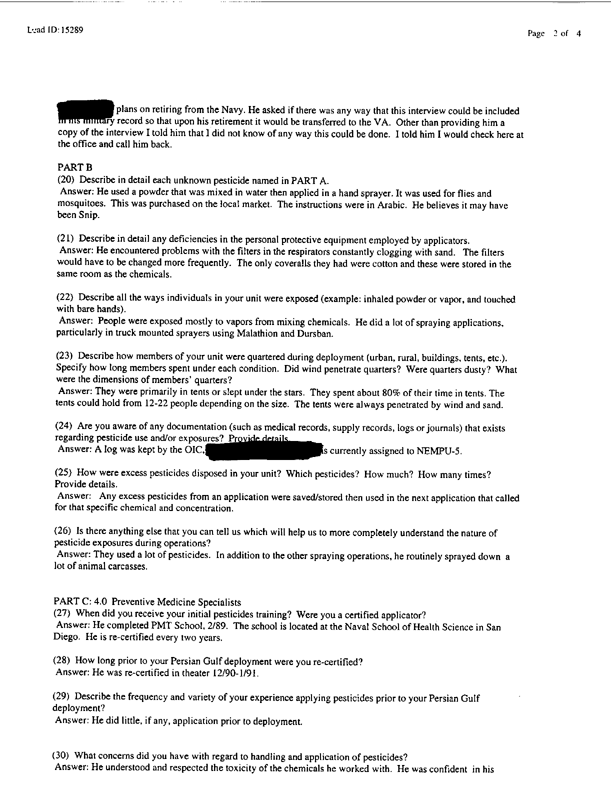 Lead Sheet #15289, Interview with 1st Force Service Support Group preventive medicine technician, March 11, 1998, p. 2
