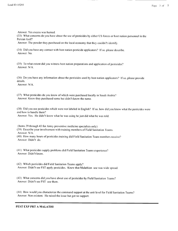 Lead Sheet #15293, Interview with 1st Marine Division preventive medicine technician, March 16, 1998.