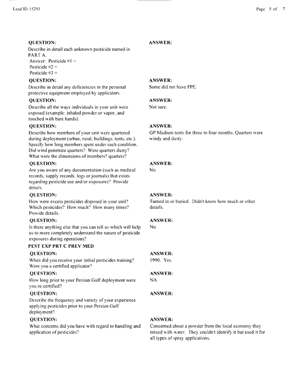 Lead Sheet #15293, Interview with 1st Marine Division preventive medicine technician, March 16, 1998.