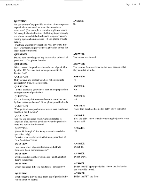Lead Sheet #15293, Interview with 1st Marine Division preventive medicine technician, March 16, 1998.