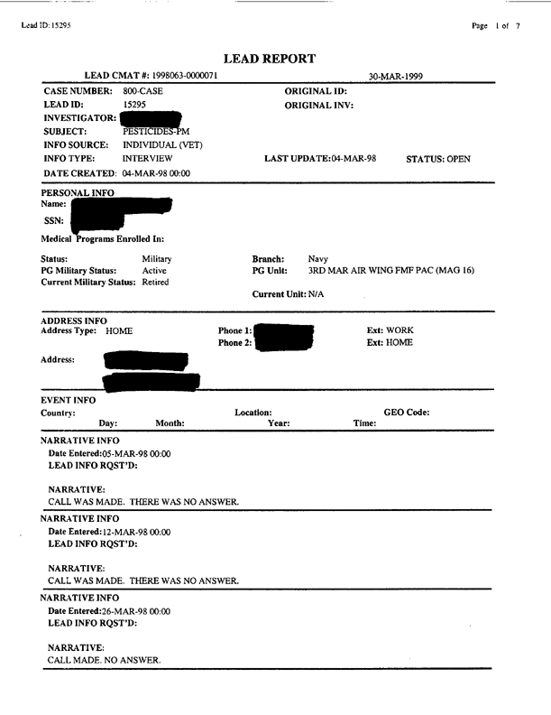 Lead Sheet #15295, Interview with 3rd Marine Air Wing preventive medicine technician, July 2, 1998, p. 2.