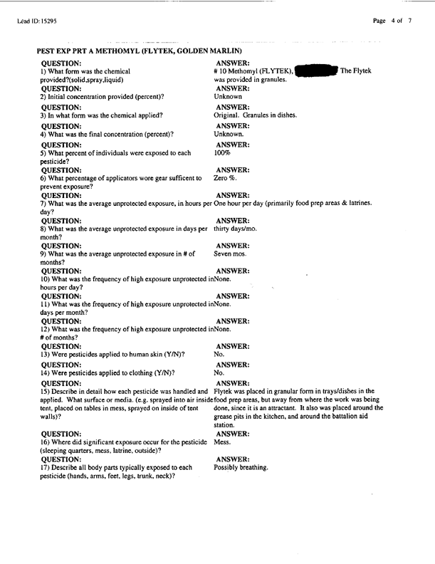 Lead Sheet #15295, Interview with 3rd Marine Air Wing preventive medicine technician, July 2, 1998, p. 2.