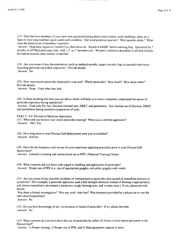   Lead Sheet #15348, Interview with 61st Medical Detachment preventive medicine technician, March 6, 1998.
