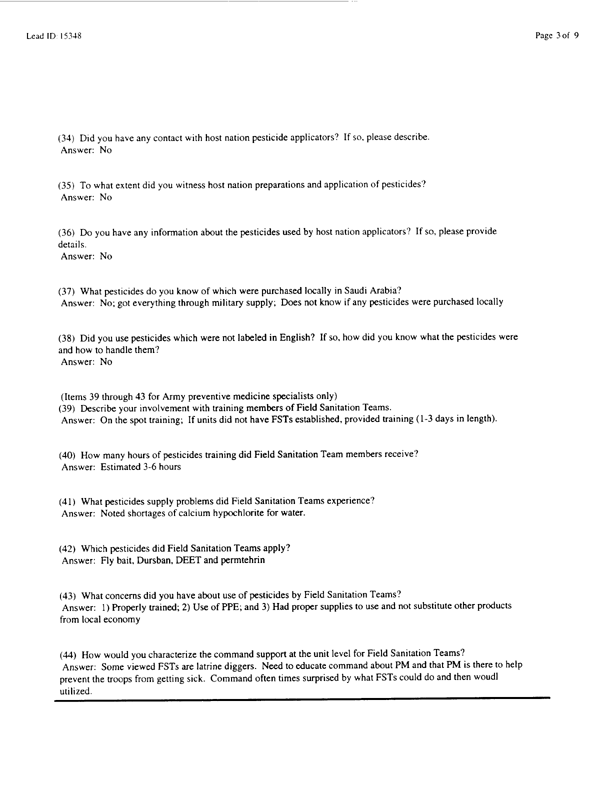   Lead Sheet #15348, Interview with 61st Medical Detachment preventive medicine technician, March 6, 1998.