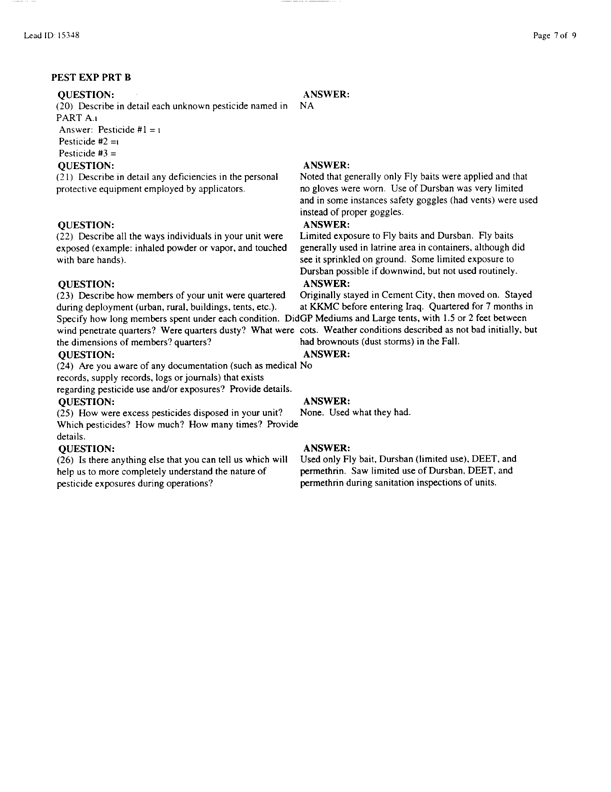   Lead Sheet #15348, Interview with 61st Medical Detachment preventive medicine technician, March 6, 1998.