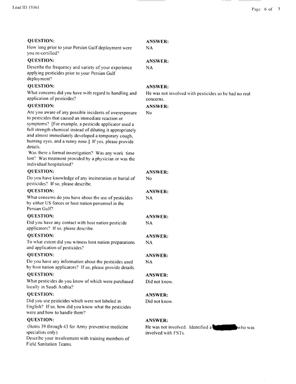   Lead Sheet #15361, Interview with 14th Medical Detachment preventive medicine specialist, March 6, 1998.