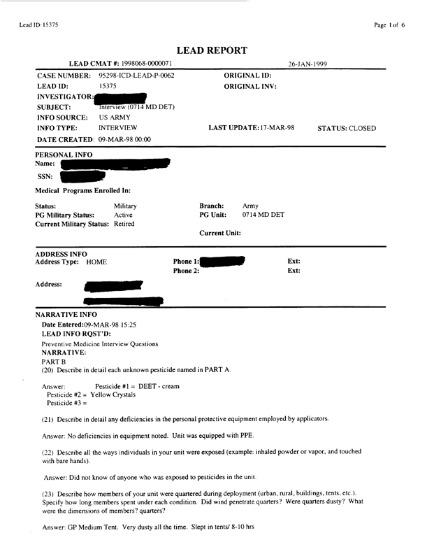   Lead Sheet #15375, Interview with 714th Medical Detachment preventive medicine specialist, March 9, 1998.