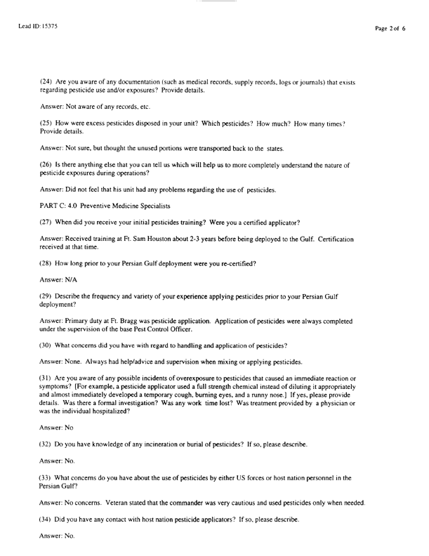   Lead Sheet #15375, Interview with 714th Medical Detachment preventive medicine specialist, March 9, 1998.