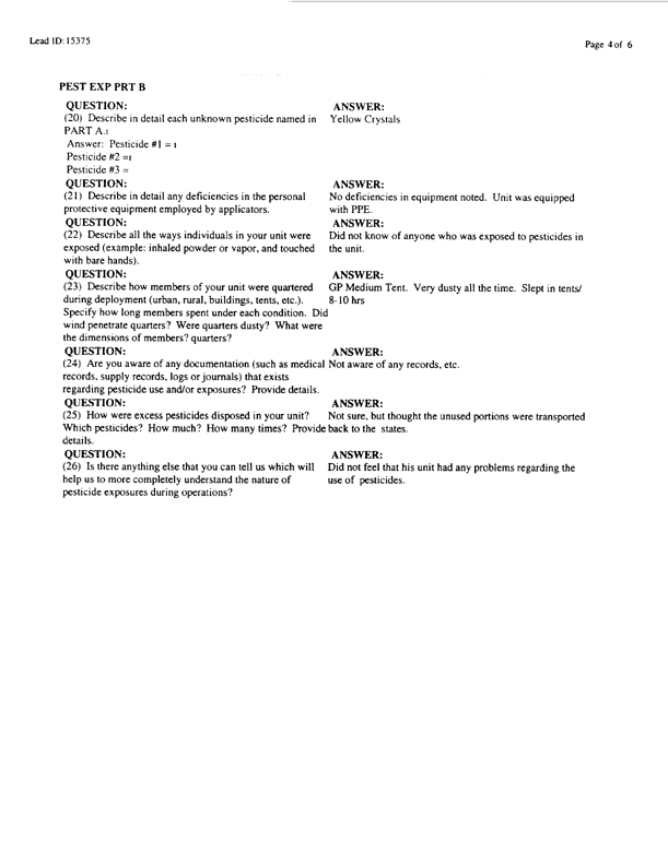   Lead Sheet #15375, Interview with 714th Medical Detachment preventive medicine specialist, March 9, 1998.