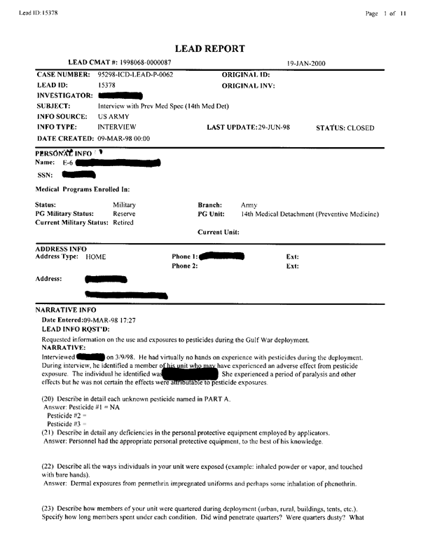   Lead Sheet #15378, Interview with 14th Medical Detachment preventive medicine specialist, March 9, 1998.