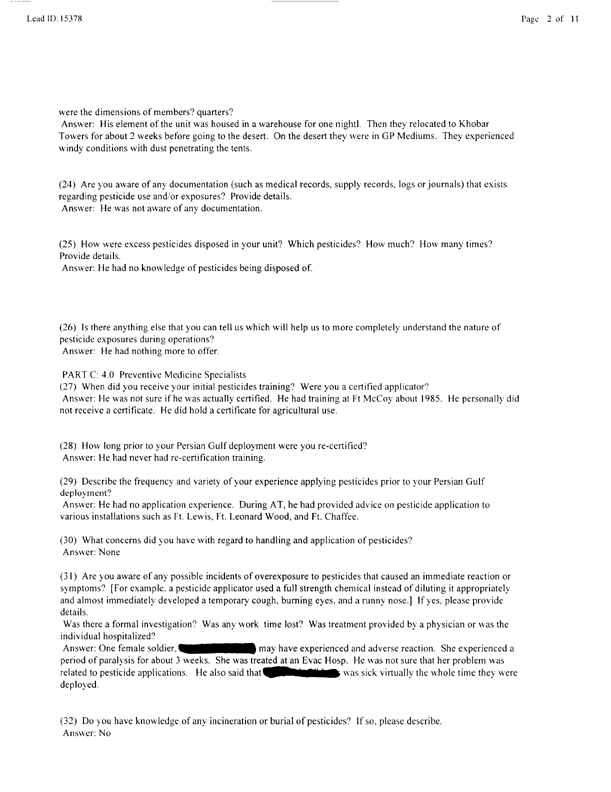   Lead Sheet #15378, Interview with 14th Medical Detachment preventive medicine specialist, March 9, 1998.