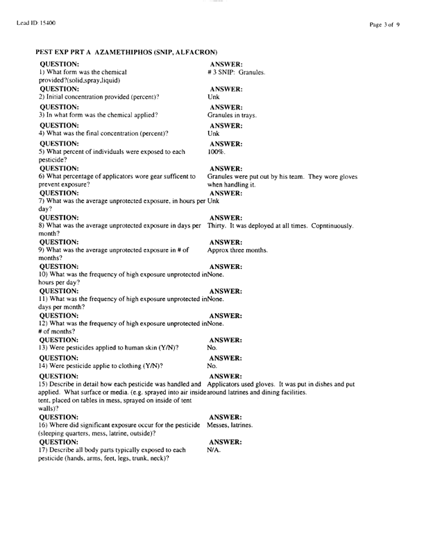   Lead Sheet #16044, Interview with 24th Mech. Infantry Division preventive medicine specialist, May 20, 1998.