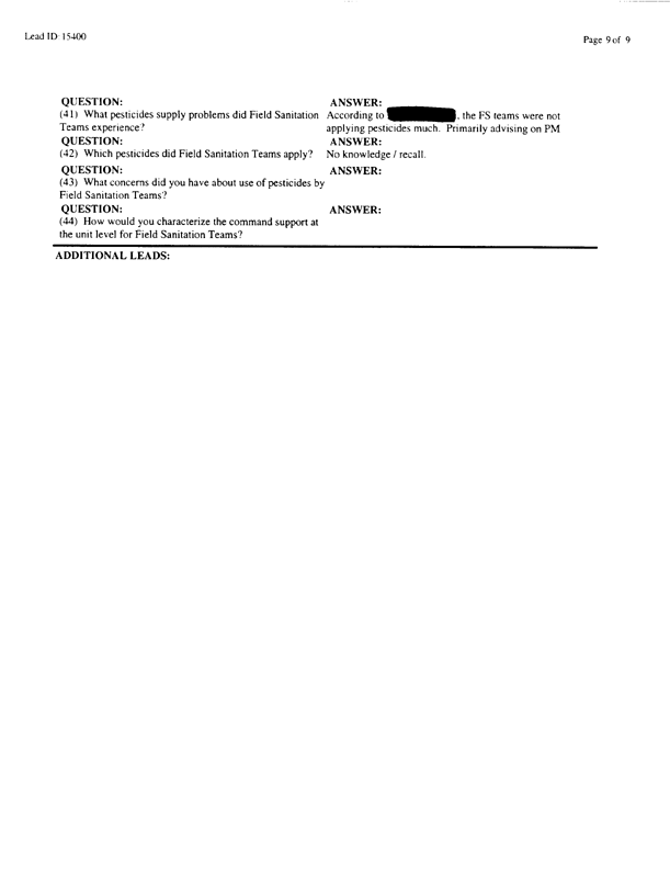   Lead Sheet #16044, Interview with 24th Mech. Infantry Division preventive medicine specialist, May 20, 1998.