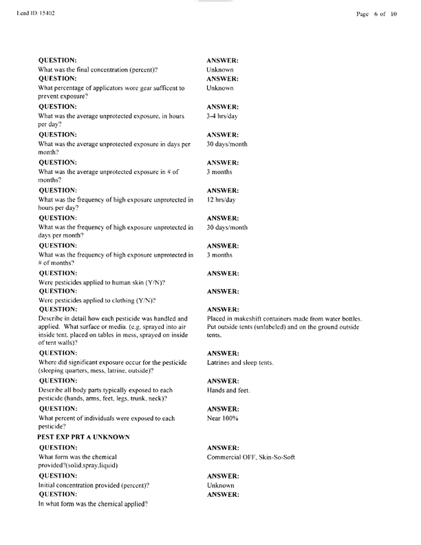   Lead Sheet #15402, Interview with 227th Medical Detachment preventive Medicine NCO, April 20, 1998.