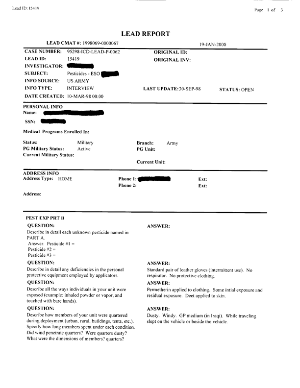   Lead Sheet #15419, Interview with Gulf War veteran, March 10, 1998.