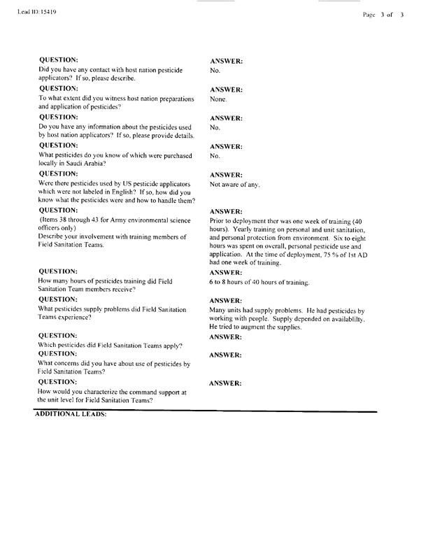   Lead Sheet #15419, Interview with Gulf War veteran, March 10, 1998.