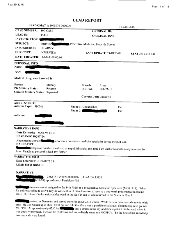 Lead Sheet #15431, Interview with 14th Medical Detachment preventive medicine specialist, March 11, 1998.