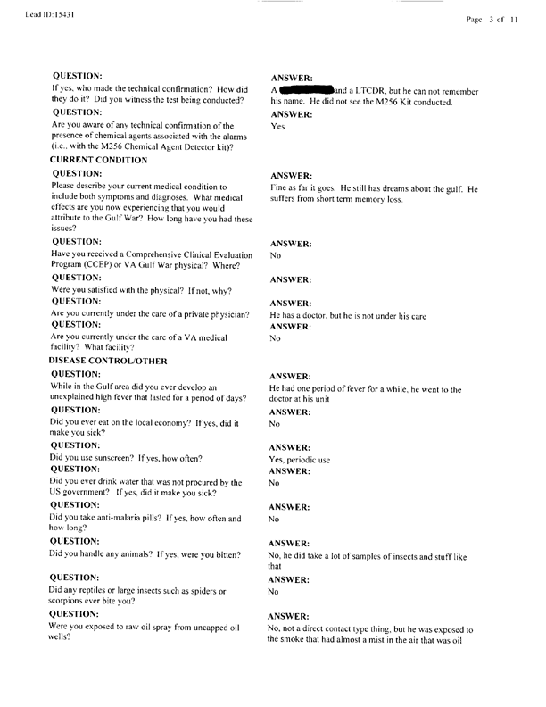 Lead Sheet #15431, Interview with 14th Medical Detachment preventive medicine specialist, March 11, 1998.