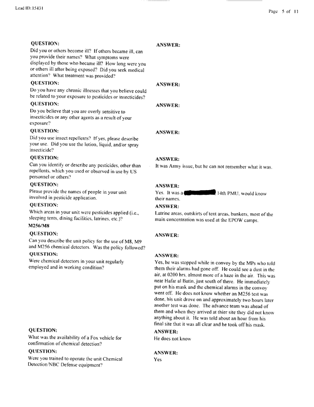 Lead Sheet #15431, Interview with 14th Medical Detachment preventive medicine specialist, March 11, 1998.