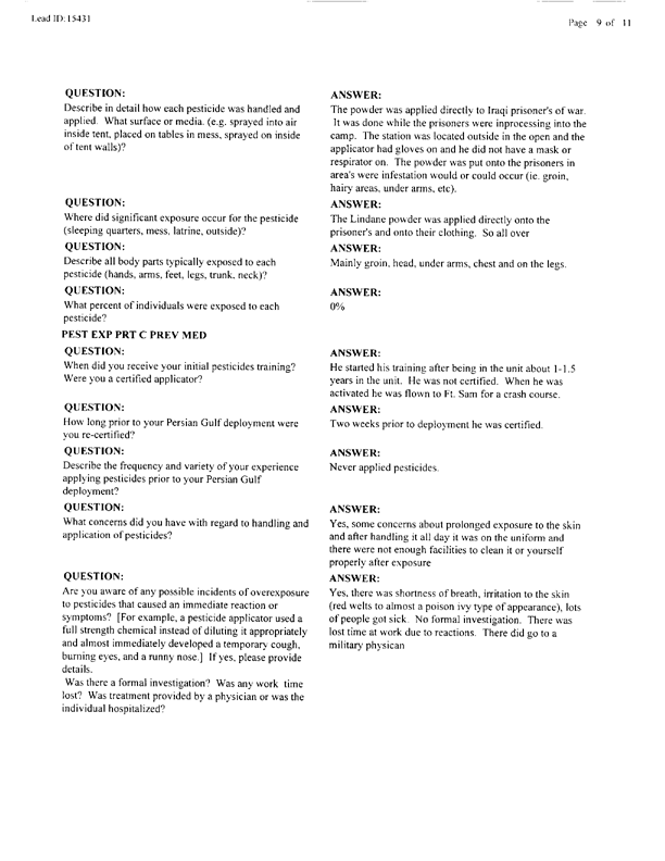   Lead Sheet #15431, Interview with 14th Medical Detachment preventive medicine specialist, June 11, 1998.