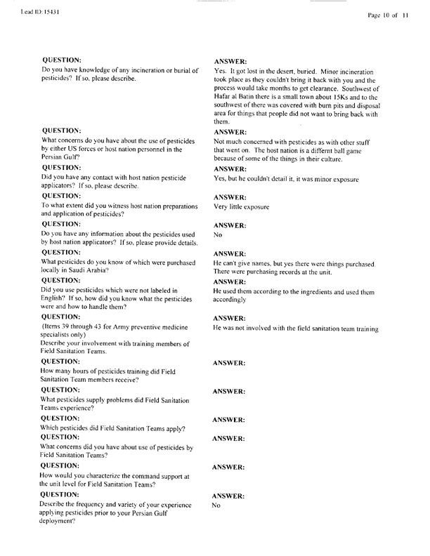   Lead Sheet #15431, Interview with 14th Medical Detachment preventive medicine specialist, June 11, 1998.