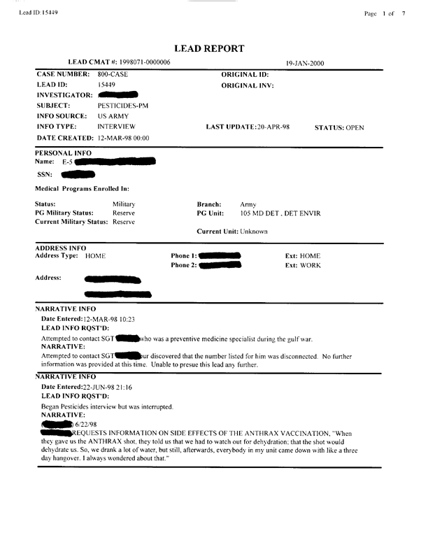  Lead Sheet #15449, Interview with 105th Medical Detachment preventive medicine specialist, June 22, 1998.