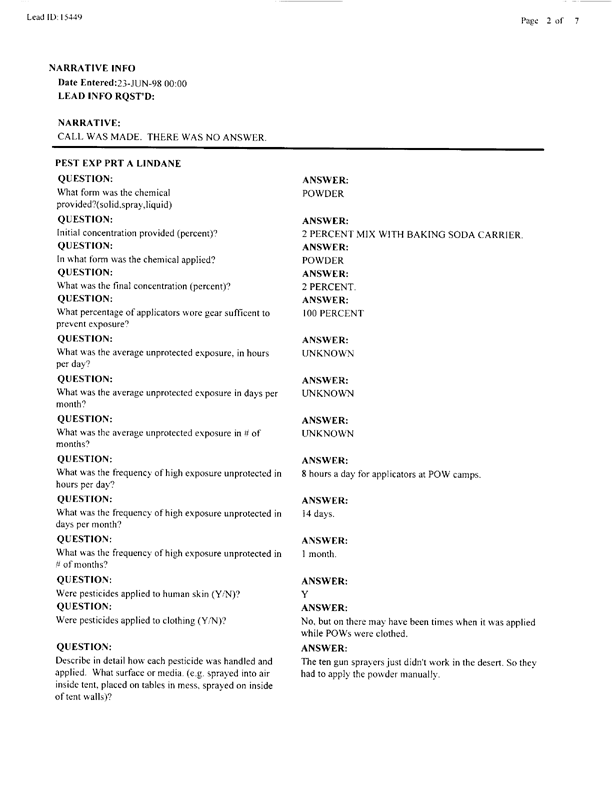   Lead Sheet #15449, Interview with 105th Medical Detachment preventive medicine specialist, June 22, 1998.