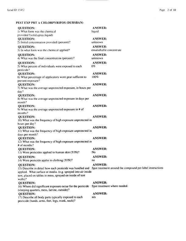   Lead Sheet #15452, Interview with 714th Medical Detachment preventive medicine specialist, March 12, 1998.