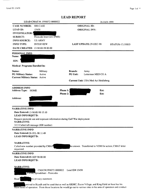   Lead Sheet #15458, Interview with undetermined unit US Army preventive medicine specialist, September 9, 1998.