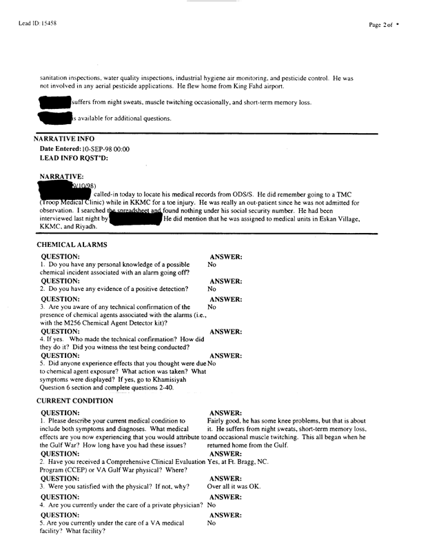   Lead Sheet #15458, Interview with undetermined unit US Army preventive medicine specialist, September 9, 1998.