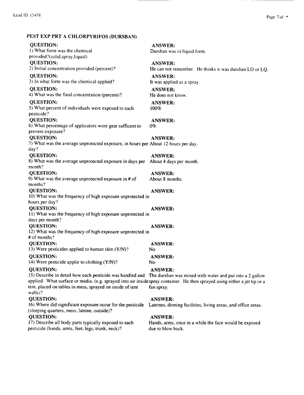   Lead Sheet #15458, Interview with undetermined unit US Army preventive medicine specialist, September 9, 1998.