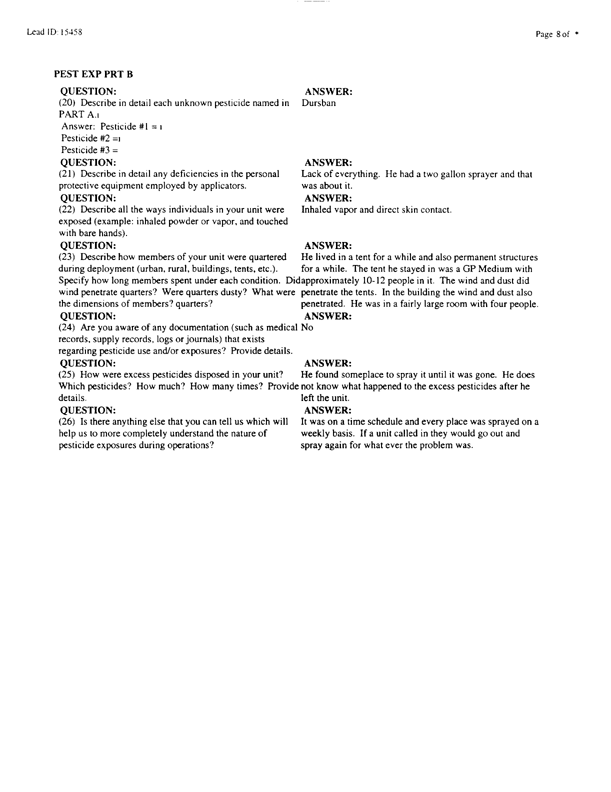   Lead Sheet #15458, Interview with undetermined unit US Army preventive medicine specialist, September 9, 1998.