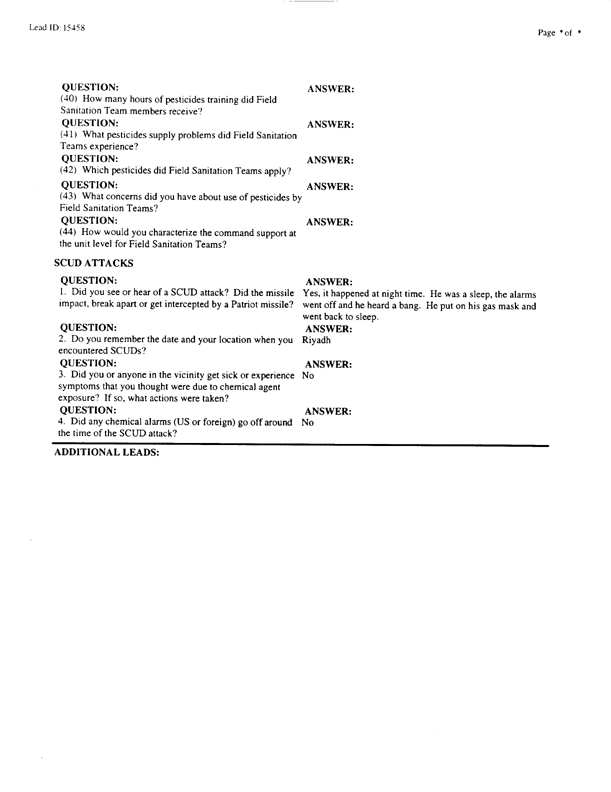   Lead Sheet #15458, Interview with undetermined unit US Army preventive medicine specialist, September 9, 1998.