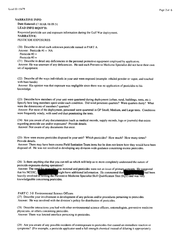   Lead Sheet #15479, Interview with 3rd Armored Division, 122nd Combat Support Battalion, Company F environmental science officer, March 17, 1998.