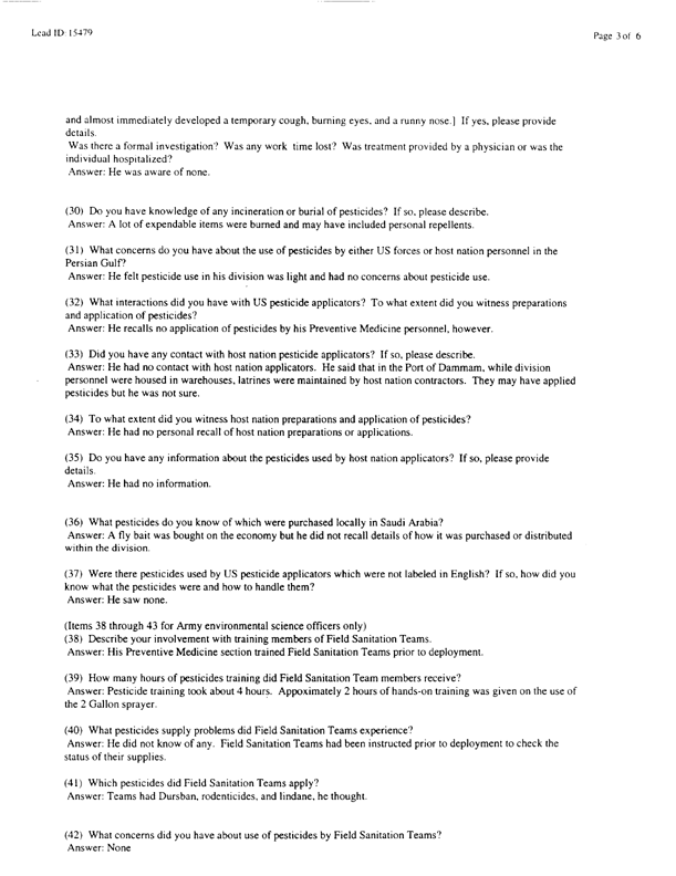   Lead Sheet #15479, Interview with 3rd Armored Division, 122nd Combat Support Battalion, Company F environmental science officer, March 17, 1998.
