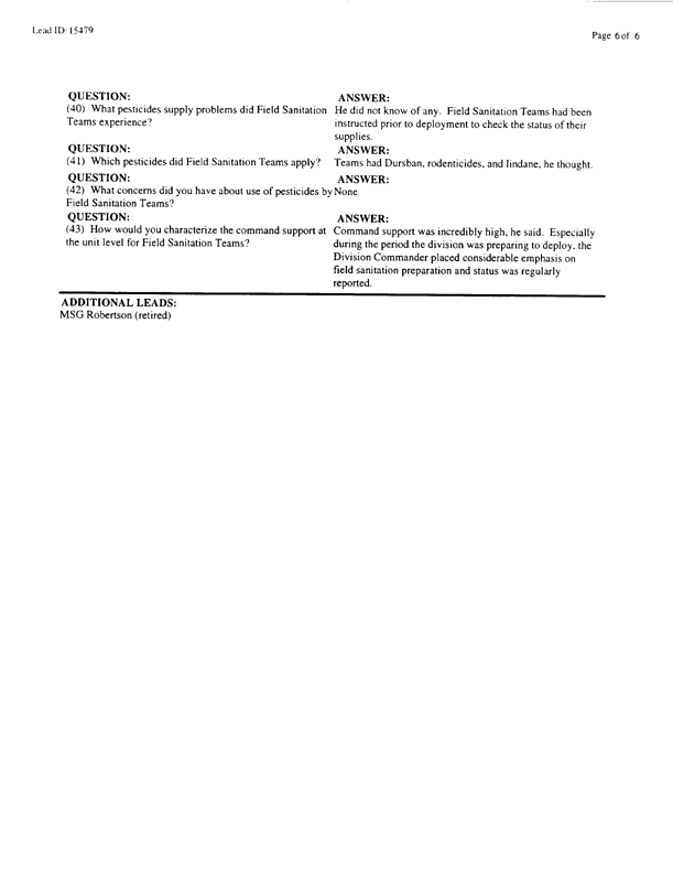   Lead Sheet #15479, Interview with 3rd Armored Division, 122nd Combat Support Battalion, Company F environmental science officer, March 17, 1998.