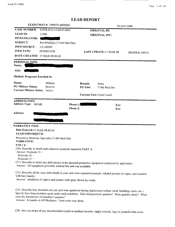   Lead Sheet #15480, Interview with 714th Medical Detachment preventive medicine specialist, March 17, 1998.