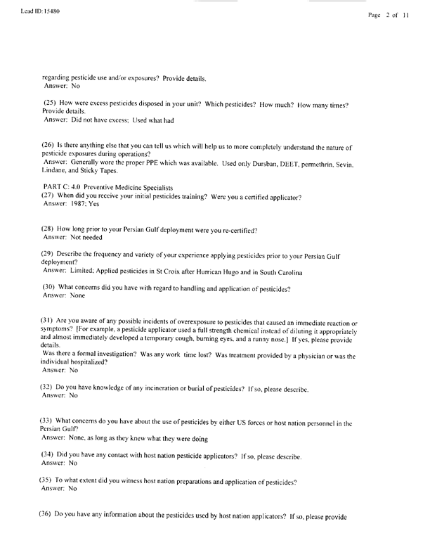   Lead Sheet #15480, Interview with 714th Medical Detachment preventive medicine specialist, March 17, 1998.